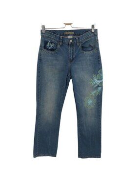 VTG Z Cavaricci Women 10 Distressed Blue Denim Jeans Beaded Flower Floral Design